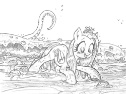 Size: 1000x744 | Tagged: safe, artist:yewdee, fluttershy, crab, jellyfish, octopus, pegasus, pony, g4, atg 2019, beach, female, happy, mare, monochrome, newbie artist training grounds, ocean, sketch, solo, tentacles, traditional art, water, wave, wet mane