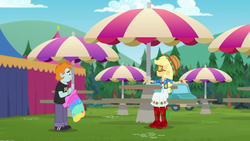 Size: 1280x720 | Tagged: safe, screencap, applejack, snips, accountibilibuddies, equestria girls, equestria girls series, g4, spoiler:choose your own ending (season 2), spoiler:eqg series (season 2), accountibilibuddies: snips, applejack's hat, boots, clothes, cowboy boots, cowboy hat, geode of super strength, glasses, hat, magical geodes, male, pants, sad, shoes, umbrella