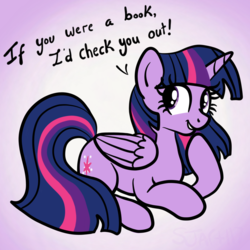 Size: 2100x2100 | Tagged: safe, artist:sjart117, part of a set, twilight sparkle, alicorn, pony, g4, bad pickup line, book, cute, daaaaaaaaaaaw, female, flirting, gradient background, high res, looking back, mare, pickup lines, prone, smiling, solo, speech, that pony sure does love books, twiabetes, twilight sparkle (alicorn)