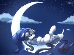 Size: 4743x3543 | Tagged: safe, artist:avery-valentine, oc, oc only, earth pony, pony, cloud, crescent moon, female, mare, moon, night, night sky, open mouth, sky, sleeping, sleeping on moon, solo, stocking cap, tangible heavenly object, transparent moon