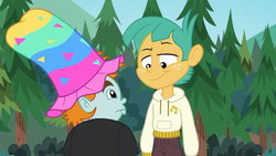 Size: 1280x720 | Tagged: safe, screencap, snails, snips, accountibilibuddies, equestria girls, equestria girls series, g4, spoiler:choose your own ending (season 2), spoiler:eqg series (season 2), accountibilibuddies: snips, clothes, freckles, hat, hoodie, male, smiling