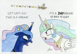 Size: 3840x2720 | Tagged: safe, artist:abyssalemissary, derpy hooves, princess celestia, princess luna, alicorn, pegasus, pony, g4, atg 2019, colored pencil drawing, daydream, dialogue, dream, female, food, high res, mare, muffin, newbie artist training grounds, plane, simple background, traditional art, when you see it, white background