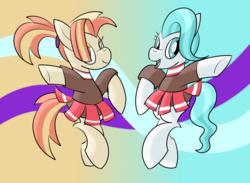 Size: 1761x1290 | Tagged: safe, artist:notadeliciouspotato, lighthoof, shimmy shake, earth pony, pony, 2 4 6 greaaat, g4, abstract background, bipedal, cheerleader, clothes, cute, duo, female, mare, pleated skirt, ponytail, skirt, skirt lift, smiling, sweater