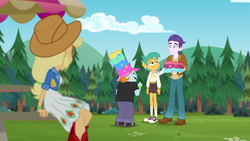 Size: 1280x720 | Tagged: safe, screencap, applejack, dirk thistleweed, snails, snips, accountibilibuddies, equestria girls, equestria girls series, g4, spoiler:choose your own ending (season 2), spoiler:eqg series (season 2), accountibilibuddies: snips, clothes, converse, female, legs, male, pants, shoes, shorts, sitting, sky, smiling