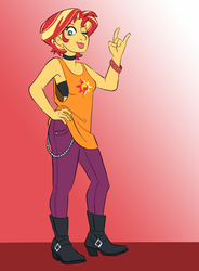 Size: 2100x2859 | Tagged: safe, artist:stratus35, sunset shimmer, equestria girls, g4, alternate hairstyle, armpits, belt, boots, choker, clothes, cutie mark on clothes, devil horn (gesture), ear piercing, earring, female, gradient background, high heel boots, high res, jeans, jewelry, one eye closed, pants, piercing, shoes, solo, spiked wristband, tank top, tongue out, wink, wristband