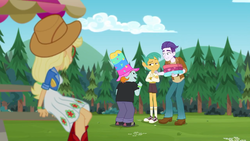 Size: 1280x720 | Tagged: safe, screencap, applejack, dirk thistleweed, snails, snips, accountibilibuddies, accountibilibuddies: snips, equestria girls, g4, my little pony equestria girls: choose your own ending, applejack's hat, clothes, converse, cowboy hat, crossed arms, female, hat, male, shoes, shorts, sitting, sky, smiling