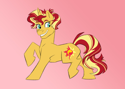 Size: 2100x1500 | Tagged: safe, artist:stratus35, sunset shimmer, pony, unicorn, g4, alternate hairstyle, female, grin, mare, pink background, raised hoof, short hair, simple background, smiling, solo