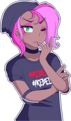 Size: 664x1134 | Tagged: safe, artist:ilikepony, oc, oc only, oc:rock'n rolla, human, beanie, blushing, choker, clothes, commission, dark skin, devil horn (gesture), ear piercing, earring, elbow pads, eyebrow piercing, eyeshadow, female, hat, humanized, humanized oc, jewelry, makeup, piercing, shirt, simple background, solo, t-shirt, transparent background