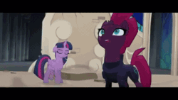 Size: 480x270 | Tagged: safe, screencap, storm king, tempest shadow, twilight sparkle, alicorn, pony, unicorn, yeti, g4, my little pony: the movie, animated, antagonist, broken horn, canterlot castle, evil laugh, floppy ears, gif, horn, laughing, lightning, mad with power, magic, staff, staff of sacanas, twilight sparkle (alicorn), unlimited power, yeah