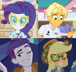 Size: 1133x1070 | Tagged: safe, edit, edited screencap, screencap, applejack, dirk thistleweed, ragamuffin (g4), rarity, accountibilibuddies, equestria girls, equestria girls series, g4, spring breakdown, spoiler:choose your own ending (season 2), spoiler:eqg series (season 2), accountibilibuddies: rainbow dash, applejack's festival hat, applejack's sunglasses, blushing, coin, comparison, cruise outfit, female, geode of shielding, glasses, hat, magical geodes, male, music festival outfit, off topic in the comments, one eye closed, shipping, shipping drama, shipping fuel, sunglasses, wink