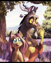 Size: 640x794 | Tagged: safe, artist:ameliacostanza, artist:paperwickart, discord, fluttershy, butterfly, draconequus, pegasus, pony, g4, amazed, antlers, bust, butterfly on nose, collaboration, cute, discute, duo, female, hooves together, insect on nose, looking at something, looking up, male, mare, open mouth, outdoors, ship:discoshy, shipping, shyabetes, smiling, sparkles, straight, tree