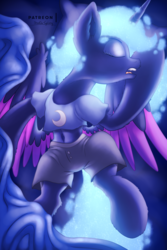 Size: 2000x3000 | Tagged: safe, artist:shad0w-galaxy, princess luna, alicorn, pony, g4, blanket, clothes, female, high res, lying, lying on bed, mare, pajamas, patreon, patreon preview, sleeping, solo