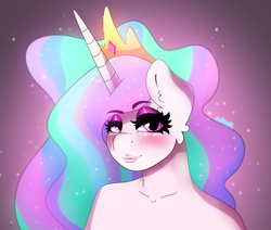 Size: 2001x1695 | Tagged: safe, artist:aaa-its-spook, princess celestia, alicorn, anthro, g4, blushing, crown, eyeshadow, female, jewelry, looking at you, makeup, regalia, solo, sparkly mane
