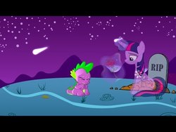 Size: 480x360 | Tagged: artist needed, safe, spike, twilight sparkle, alicorn, dragon, ghost, pony, g4, bad end, crying, emotional, female, flower, glowing horn, gravestone, horn, immortality blues, implied death, mare, poor spike, rest in peace, rose, sad, shooting star, soul, spikelove, spirit, this will end in tears, thumbnail, twilight sparkle (alicorn)