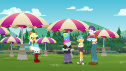 Size: 1280x720 | Tagged: safe, screencap, applejack, dirk thistleweed, snails, snips, accountibilibuddies, accountibilibuddies: snips, equestria girls, g4, my little pony equestria girls: choose your own ending, applejack's festival hat, clothes, converse, cowboy hat, female, glasses, hat, legs, male, pants, shoes, shorts, sky