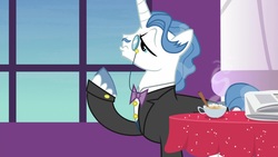 Size: 1920x1080 | Tagged: safe, screencap, fancypants, pony, unicorn, between dark and dawn, g4, cup, male, newspaper, solo, stallion, teacup