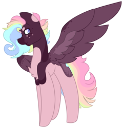 Size: 2789x2901 | Tagged: safe, artist:calibykitty, oc, oc only, oc:jaxon, pegasus, pony, beanbrows, eyebrows, full body, hair over one eye, high res, muticolored mane, rainbow hair, simple background, smiling, solo, spots, spread wings, standing, transparent background, wings