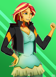 Size: 2070x2850 | Tagged: safe, alternate version, artist:rittaruzira, sunset shimmer, equestria girls, g4, clothes, female, fist, green background, high res, jacket, pants, signature, simple background, smiling, solo