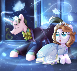 Size: 3800x3500 | Tagged: safe, artist:katedragon, butterfly, earth pony, pony, unicorn, amulet, cedric the sorcerer, clothes, crossover, crown, disney, disney junior, dress, female, filly, glowing horn, high res, horn, jewelry, magic, necklace, ponified, princess sofia, regalia, shoes, sofia the first