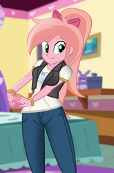 Size: 2600x3947 | Tagged: safe, artist:succubi samus, oc, oc only, oc:ruby sunshine, equestria girls, g4, bed, bedroom, clothes, commission, cute, ear piercing, earring, female, high res, jacket, jeans, jewelry, looking at you, pants, piercing, pink hair, ponytail, pose, room, show accurate, solo, stretching