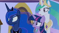 Size: 1920x1080 | Tagged: safe, screencap, princess celestia, princess luna, twilight sparkle, alicorn, pony, g4, the summer sun setback, canterlot, canterlot castle, confused, crown, ethereal mane, eyeshadow, female, flowing mane, folded wings, frown, jewelry, looking at something, makeup, mare, night, open mouth, raised eyebrow, regalia, royal sisters, shocked, shrunken pupils, siblings, sisters, trio, twilight sparkle (alicorn), wings