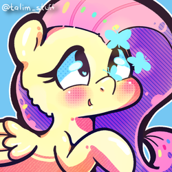 Size: 900x900 | Tagged: safe, artist:talimingi, fluttershy, butterfly, pegasus, pony, g4, blushing, bust, chibi, cute, female, icon, looking at something, looking up, shyabetes, smiling, solo, wings