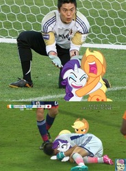 Size: 446x606 | Tagged: safe, edit, applejack, rarity, pony, g4, côte d'ivoire, football, irl, japan, photo, ponies in real life, world cup
