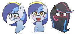 Size: 2361x1096 | Tagged: safe, artist:puetsua, oc, oc only, oc:eclipse lim, oc:neon darksky, bat pony, pony, bat pony oc, blood, blushing, bust, chest fluff, duo, expressions, fangs, female, glasses, happy, mare, nosebleed, open mouth, portrait, simple background, slit pupils, smiling, white background