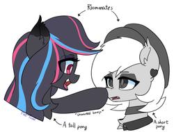 Size: 1577x1198 | Tagged: safe, artist:puetsua, oc, oc only, oc:chalk white, oc:neon darksky, bat pony, pony, bat pony oc, boop, bust, chest fluff, choker, duo, ear piercing, female, hat, looking at each other, mare, non-consensual booping, open mouth, piercing, portrait, raised hoof, simple background, size difference, slit pupils, smiling, text, white background