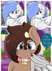 Size: 2979x4096 | Tagged: safe, artist:ribiruby, oc, oc only, oc:ruby big heart, oc:vector cloud, cow pony, earth pony, pegasus, pony, collar, comic, duo, female, freckles, mare, marker, smiling, speech bubble, tongue out, wing hold