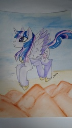 Size: 2340x4160 | Tagged: safe, artist:meisanthropy, twilight sparkle, alicorn, pony, g4, female, flying, high res, hoof shoes, jewelry, mountain, open mouth, peytral, profile, regalia, scenery, smiling, solo, traditional art, twilight sparkle (alicorn), watercolor painting