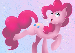 Size: 7016x4961 | Tagged: safe, artist:meisanthropy, pinkie pie, earth pony, pony, g4, abstract background, absurd resolution, digital art, female, looking up, open mouth, raised hoof, smiling, solo