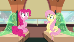 Size: 2400x1350 | Tagged: safe, screencap, fluttershy, pinkie pie, earth pony, pegasus, pony, buckball season, g4, duo, female, friendship express, looking at each other, mare, sitting, train, worried