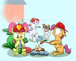 Size: 1500x1200 | Tagged: safe, artist:rocket-lawnchair, apple bloom, scootaloo, sweetie belle, winona, dog, g4, adorabloom, campfire, carrot, cute, cutealoo, cutie mark crusaders, diasweetes, firefighter, firefighter applebloom, firefighter crusaders, firefighter helmet, firefighter scootaloo, firefighter sweetie belle, food, helmet, hose, hose bulges, mouth hold, paint, paintbrush, this will end in tears and/or death and/or covered in tree sap, tree sap and pine needles, winonabetes