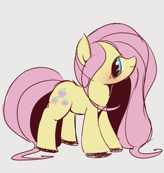 Size: 973x1029 | Tagged: safe, artist:manachaaaaaaaa, fluttershy, pegasus, pony, g4, female, hair over one eye, looking at you, looking sideways, mare, simple background, smiling, solo, standing, white background, wingless