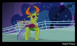 Size: 640x388 | Tagged: safe, edit, edited screencap, editor:teren rogriss, screencap, thorax, changedling, changeling, g4, going to seed, clop, hooves, king thorax, male, night, open mouth, raised hoof, solo, sweet apple acres