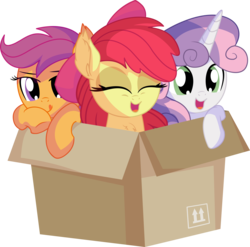 Size: 7539x7459 | Tagged: safe, artist:cyanlightning, apple bloom, scootaloo, sweetie belle, earth pony, pegasus, pony, unicorn, .svg available, absurd resolution, adorabloom, apple bloom's bow, blushing, bow, box, cute, cutealoo, cutie mark crusaders, diasweetes, ear fluff, female, filly, hair bow, lidded eyes, open mouth, pony in a box, simple background, smiling, transparent background, trio, vector