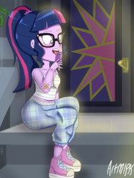 Size: 1800x2400 | Tagged: safe, artist:artmlpk, sci-twi, twilight sparkle, equestria girls, g4, bandage, blushing, clothes, converse, cute, female, food, house, licking, melting, pants, plaid, ponytail, popsicle, shoes, sneakers, solo, striped shirt, tongue out, twiabetes