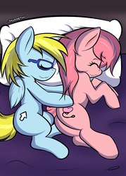Size: 2000x2800 | Tagged: safe, artist:jhussethy, oc, oc only, oc:cloud cuddler, oc:sweet haze, pegasus, pony, bed, high res, intersex, male, mouse cursor, pegasus oc, pillow, sleeping, snuggling