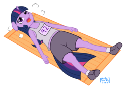 Size: 1000x697 | Tagged: safe, artist:phallen1, twilight sparkle, anthro, g4, 42, atg 2019, clothes, exhausted, female, newbie artist training grounds, panting, running shoes, shorts, simple background, solo, sweat, tank top, towel, transparent background