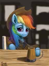 Size: 1536x2048 | Tagged: safe, artist:tinybenz, rainbow dash, pegasus, pony, g4, arthur morgan, chair, clothes, cowboy hat, female, hat, looking at you, mare, mug, red dead redemption 2, saloon, signature, sitting, smiling, solo