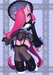 Size: 566x800 | Tagged: safe, artist:unousaya, pinkie pie, earth pony, pony, semi-anthro, g4, arm hooves, bipedal, black socks, boots, bow, clothes, female, garter belt, mare, pinkamena diane pie, shoes, solo, stockings, thigh highs