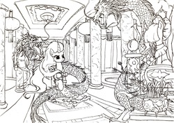 Size: 3091x2193 | Tagged: safe, artist:tinybenz, mistmane, sable spirit, chinese dragon, dragon, eastern dragon, pony, unicorn, campfire tales, g4, black and white, dragon spirit, female, fight, grayscale, high res, lineart, magic, mare, monochrome, palace, scene interpretation, simple background, white background, young, young mistmane, young sable spirit, younger