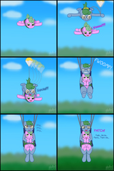 Size: 2000x3000 | Tagged: safe, artist:phallen1, oc, oc only, oc:nimbus (phallen1), oc:software patch, pony, atg 2019, catching, comic, falling, newbie artist training grounds, parachute, rescue, skydiving
