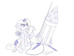 Size: 1024x768 | Tagged: safe, artist:novaintellus, princess luna, alicorn, pony, g4, atg 2019, female, filly, fireworks, fuse, glowing horn, horn, magic, match, monochrome, newbie artist training grounds, rocket, signature, sketch, solo, telekinesis, this will end in explosions, this will not end well, tongue out, woona, younger
