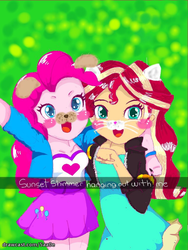 Size: 1536x2048 | Tagged: safe, artist:uotapo, pinkie pie, sunset shimmer, equestria girls, g4, blush sticker, blushing, caption, cat ears, cute, dog ears, duo, selfie, snapchat, snapchat filter