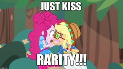 Size: 888x499 | Tagged: safe, edit, edited screencap, screencap, applejack, pinkie pie, accountibilibuddies, equestria girls, g4, my little pony equestria girls: choose your own ending, clothes, geode of super strength, implied lesbian, implied rarijack, implied shipping, magical geodes, meme, pinkie the shipper, shipper on deck, text