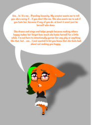 Size: 786x1060 | Tagged: safe, artist:madamesaccharine, oc, oc only, oc:puzzling insanity, anthro, apology, arm behind head, breaking the fourth wall, chibi, clothes, depression, dress, eyeshadow, fangs, glasses, hand behind back, high heels, industrial piercing, lip piercing, lip ring, makeup, meta, nose piercing, one ear down, piercing, sad, shadow, shoes, simple background, solo, speech, speech bubble