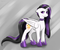 Size: 2589x2160 | Tagged: safe, artist:renarde-louve, princess celestia, alicorn, pony, between dark and dawn, g4, alternate hairstyle, collar, female, floppy ears, folded wings, goth, high res, hoof shoes, horn, mare, punklestia, purple eyes, shadow, solo, spiked collar, standing, tail, wings