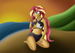 Size: 3300x2320 | Tagged: safe, artist:diaperednight, sunset shimmer, equestria girls, equestria girls series, g4, beach, belly button, bikini, clothes, female, high res, hill, ocean, sand, smiling, solo, summer sunset, swimsuit